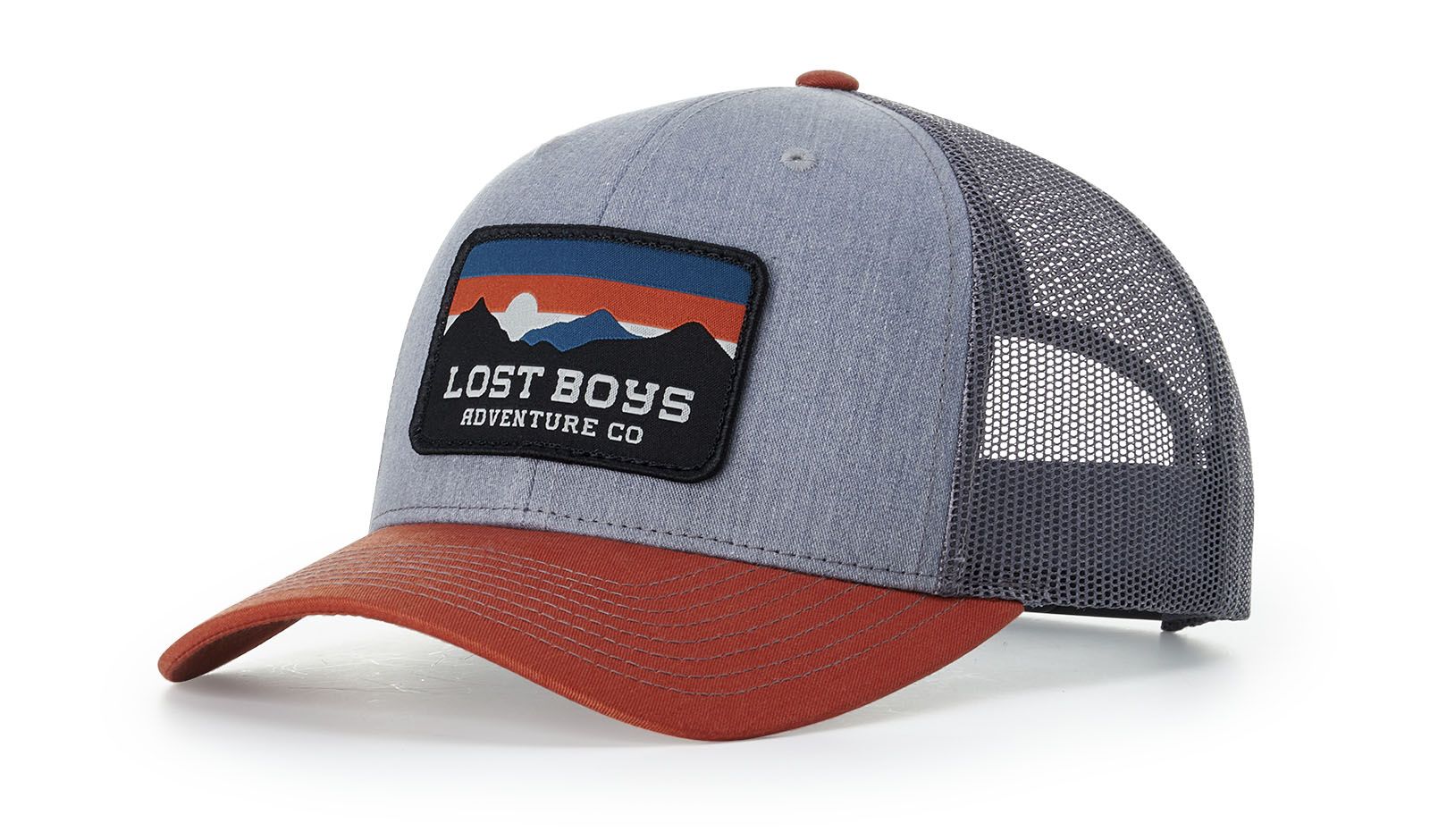 Customizable Richardson 112 Trucker Hat with mesh back, available in over 90 color combinations. Featured here is the navy and white option with custom embroidery.